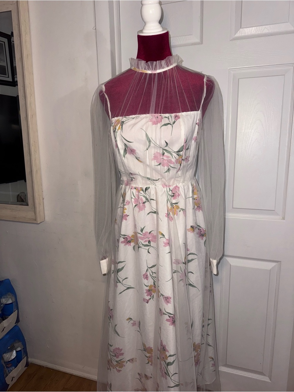 White Floral Midi Dress with Sheer Long Sleeves